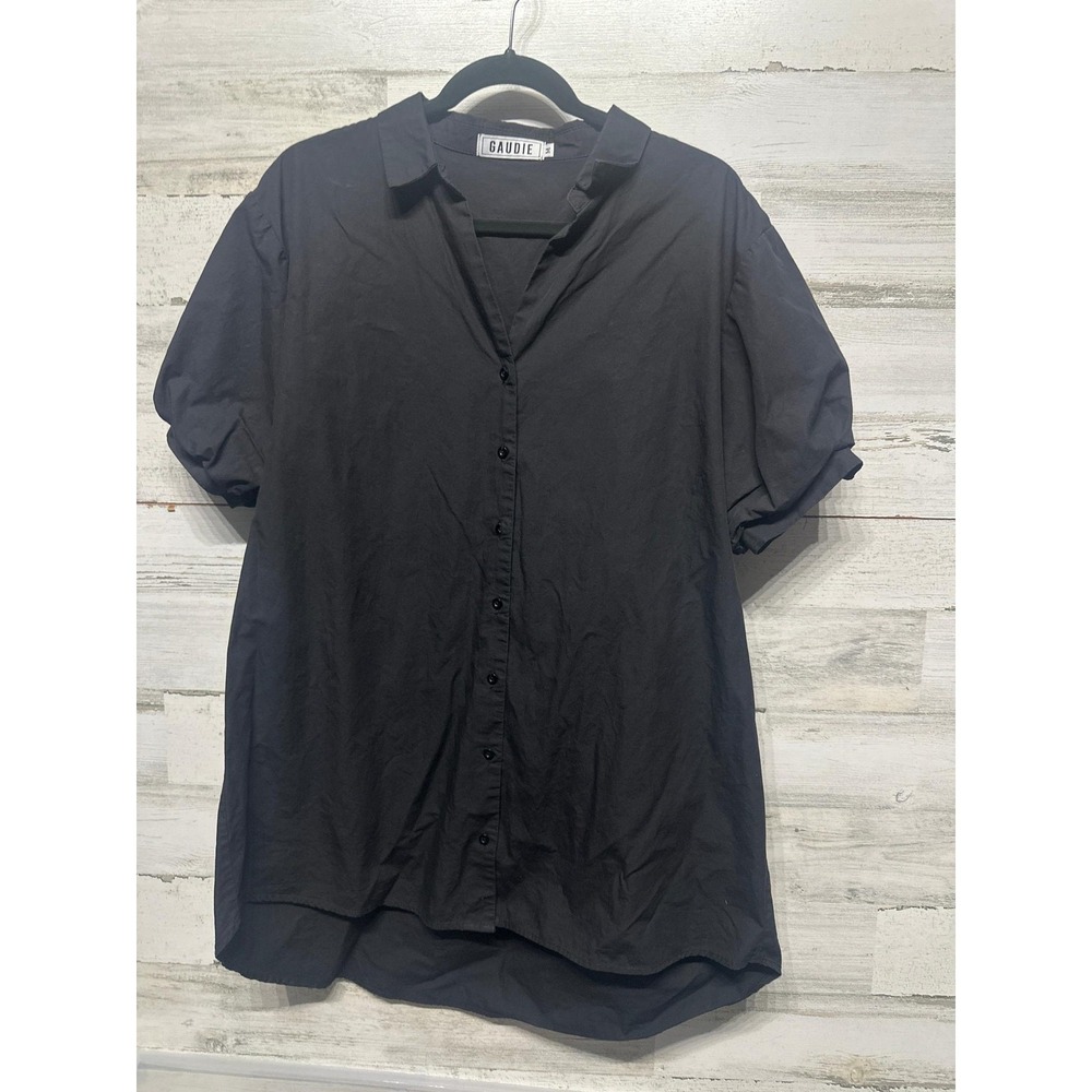 Gaudie Button Down Top Womens M‎ Black Puff Sleeve Cotton Poplin EUC